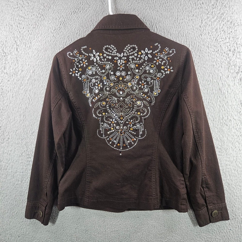 Chicos Platinum Brown Rhinestone Embellished Jacket Womens Size 0 Small Cotton